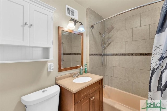 full bathroom with visible vents, toilet, vanity, and shower / bath combination with curtain