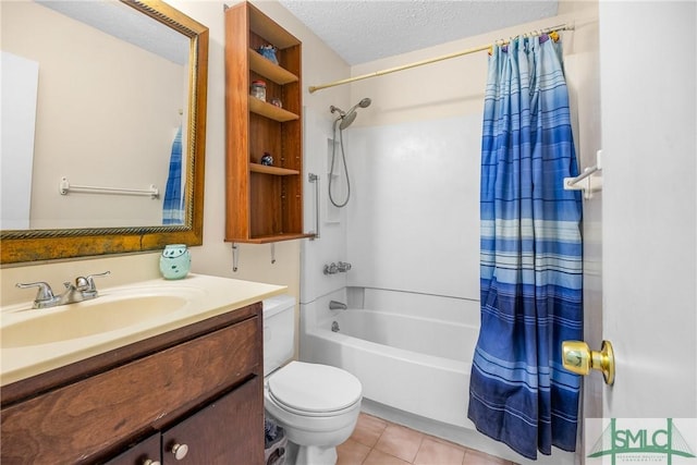 full bath with tile patterned flooring, toilet, vanity, shower / bath combo, and a textured ceiling