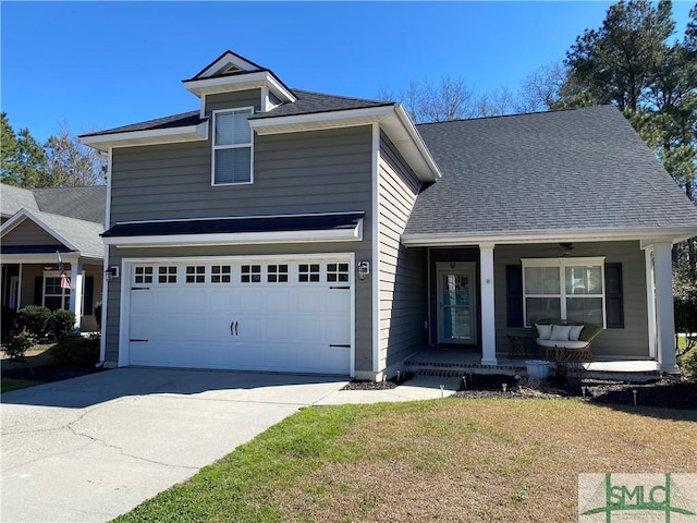 traditional-style house with a porch, concrete driveway, an attached garage, and a shingled roof