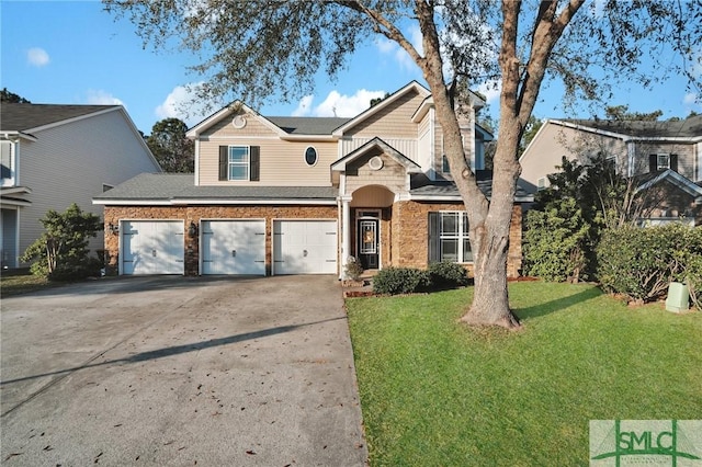 traditional home with driveway, an attached garage, and a front lawn