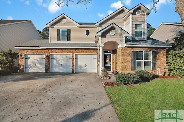 view of front of property featuring stone siding, an attached garage, concrete driveway, and a front yard