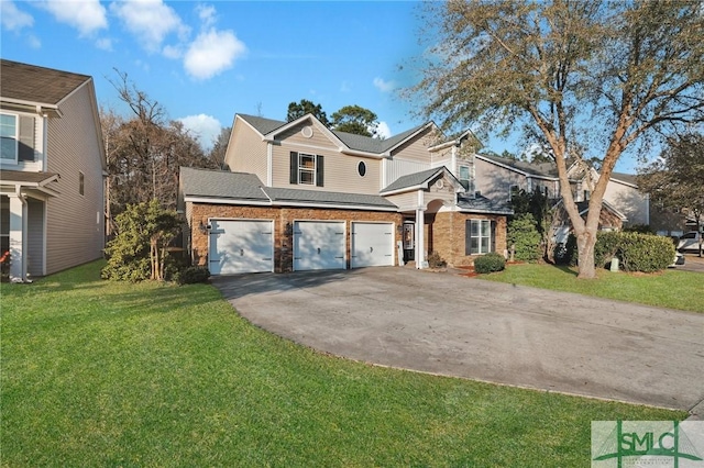 traditional-style home featuring brick siding, concrete driveway, roof with shingles, a front yard, and a garage