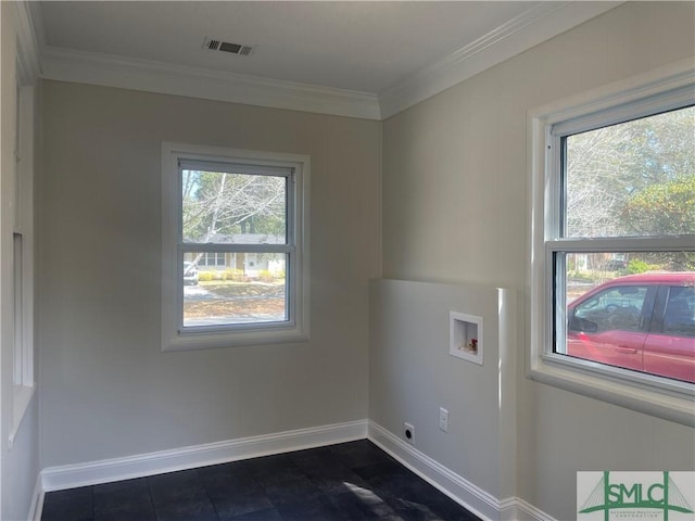 laundry room featuring visible vents, washer hookup, ornamental molding, baseboards, and laundry area