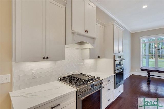 126 Carapace Ct, Richmond Hill, GA 31324 - kitchen featuring light stone countertops, ornamental molding, decorative backsplash, stainless steel appliances, and dark wood-style flooring