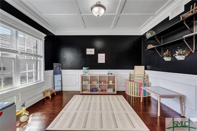 game room featuring visible vents, coffered ceiling, dark wood finished floors, and wainscoting