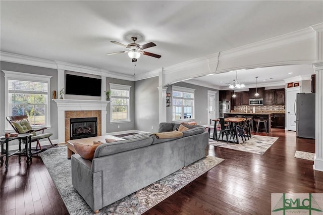 living room with a fireplace, crown molding, dark wood-style floors, and a ceiling fan