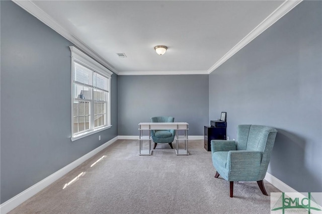 office area with baseboards, visible vents, carpet floors, and ornamental molding