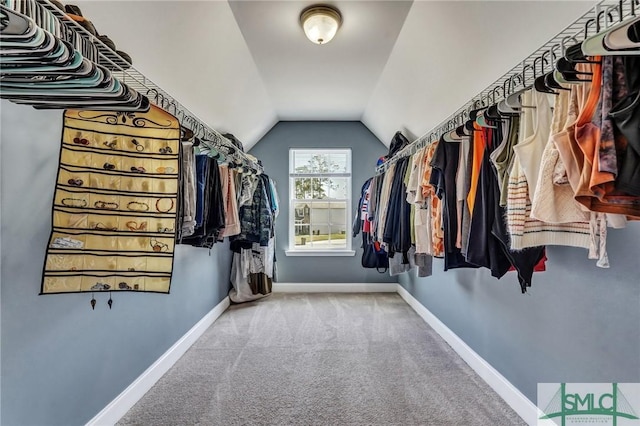 walk in closet featuring lofted ceiling and carpet floors