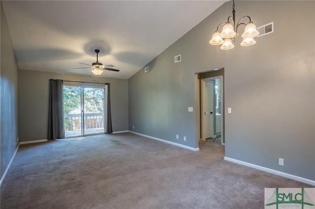 unfurnished room featuring visible vents, ceiling fan with notable chandelier, carpet flooring, and baseboards