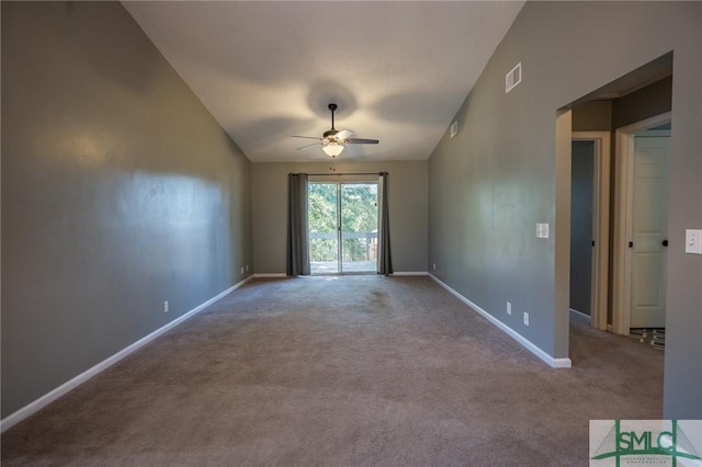 spare room featuring visible vents, baseboards, ceiling fan, and carpet flooring