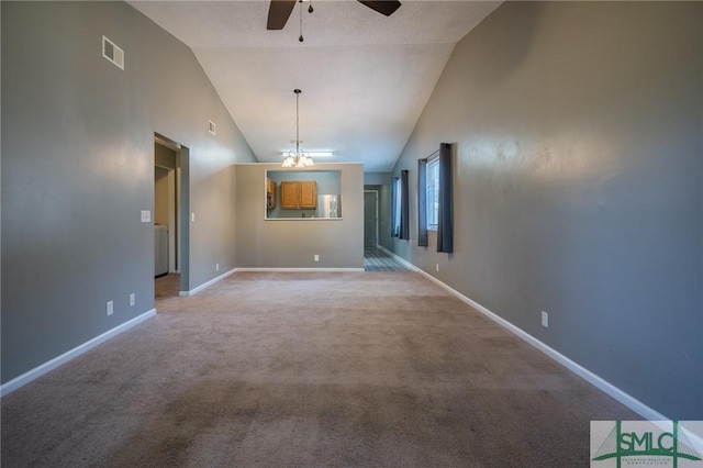 spare room featuring visible vents, carpet floors, baseboards, and ceiling fan