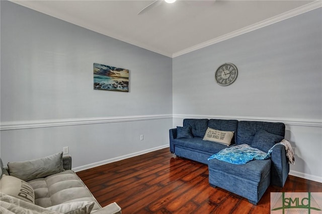 living room featuring crown molding, baseboards, ceiling fan, vaulted ceiling, and wood finished floors