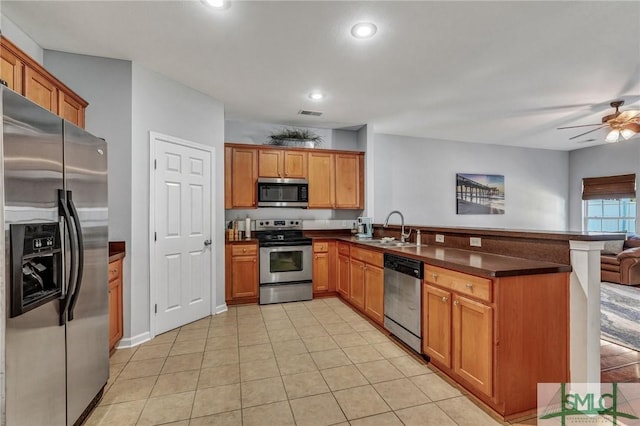 kitchen featuring a peninsula, a sink, stainless steel appliances, dark countertops, and open floor plan