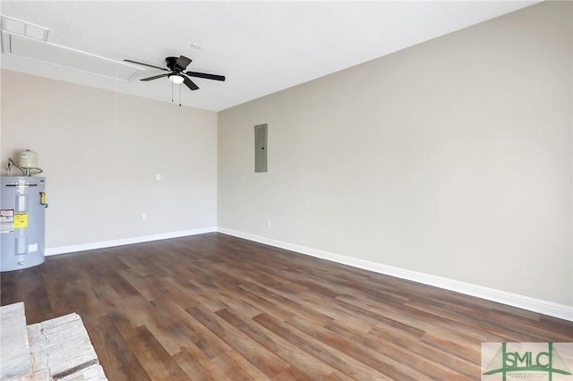 empty room with electric panel, electric water heater, wood finished floors, attic access, and ceiling fan