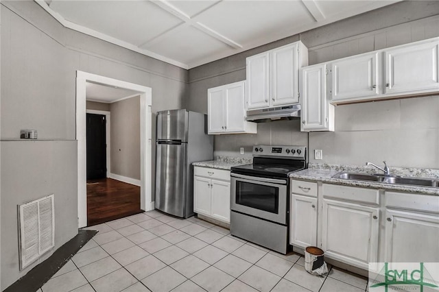 kitchen featuring visible vents, a sink, stainless steel appliances, under cabinet range hood, and white cabinetry