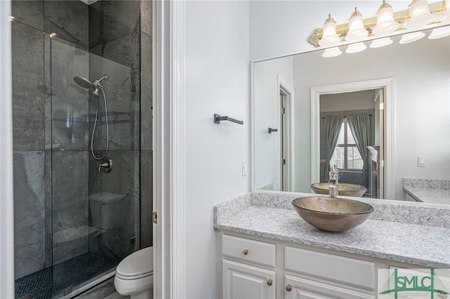 bathroom featuring vanity, a shower stall, and toilet