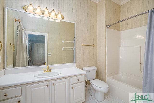 bathroom featuring tile patterned flooring, toilet, vanity, and shower / bath combo