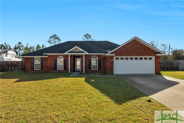 ranch-style home featuring driveway, fence, a front yard, a garage, and brick siding