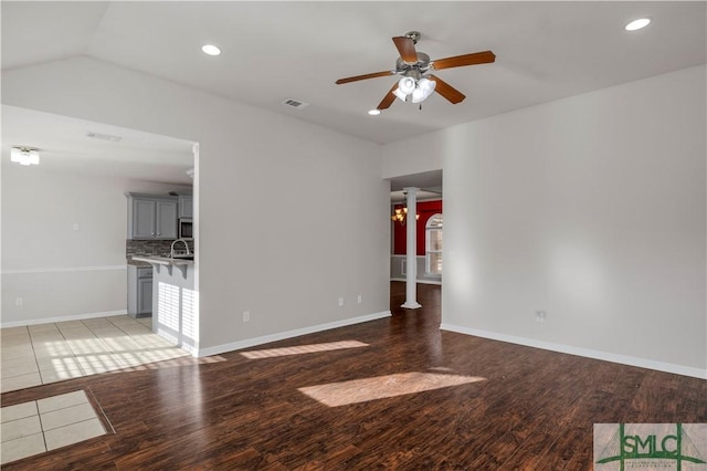 unfurnished living room with baseboards, visible vents, light wood-style flooring, recessed lighting, and ceiling fan