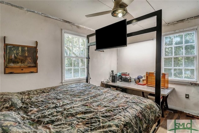 bedroom with a ceiling fan and wood finished floors