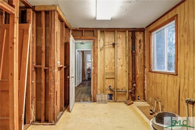 miscellaneous room featuring wood walls