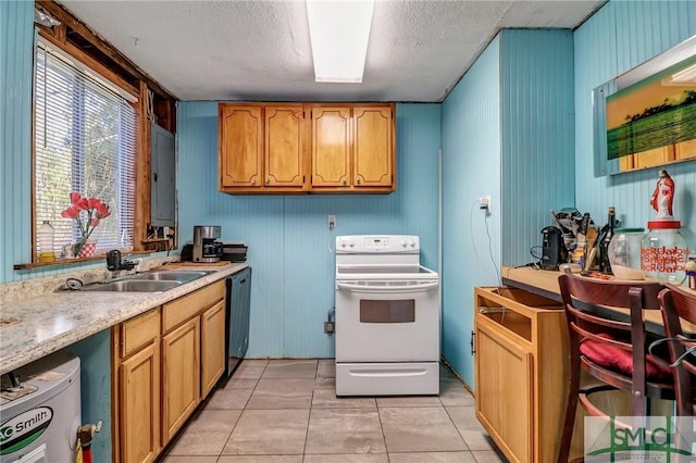 kitchen featuring light countertops, light tile patterned floors, white electric range oven, a textured ceiling, and a sink