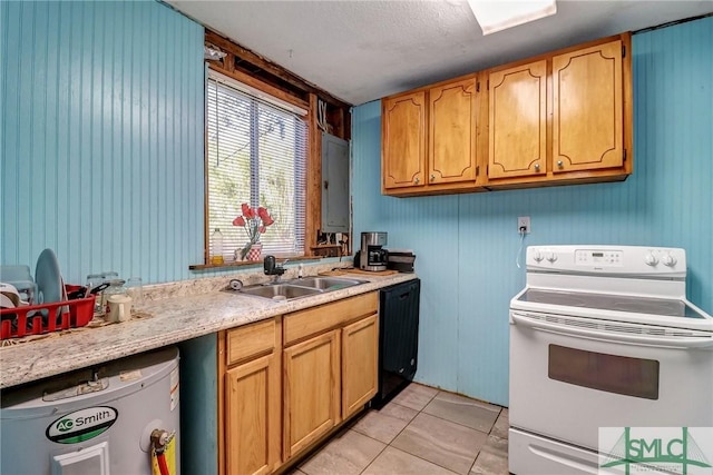 kitchen with electric range, a sink, black dishwasher, light tile patterned flooring, and light countertops