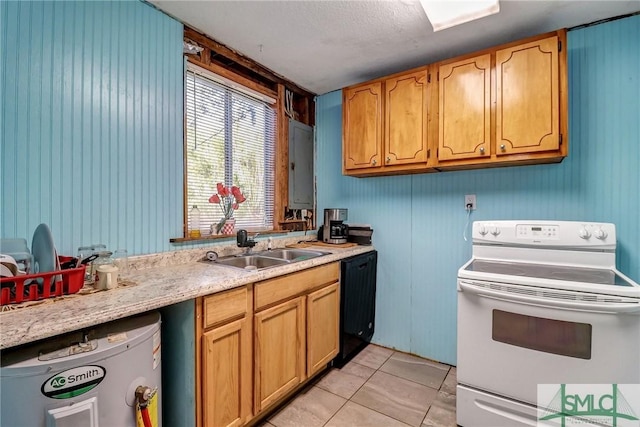 kitchen featuring light countertops, black dishwasher, light tile patterned floors, white electric stove, and a sink