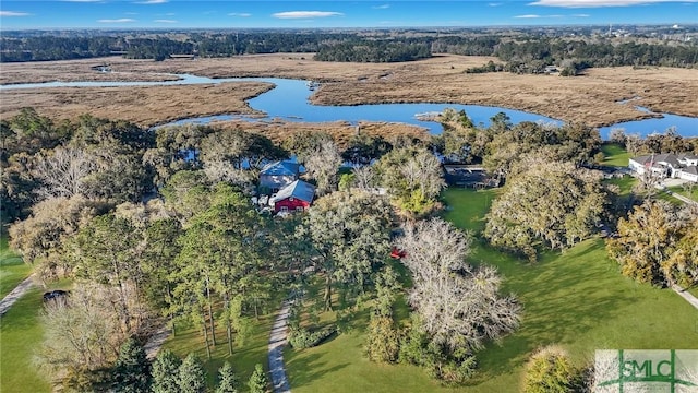 bird's eye view with a wooded view and a water view