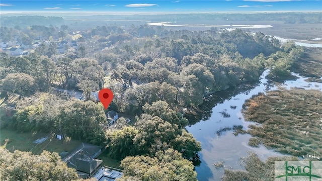 aerial view featuring a view of trees and a water view