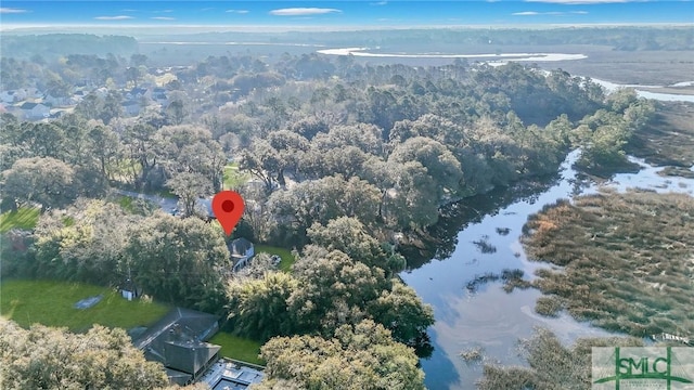 bird's eye view with a forest view and a water view