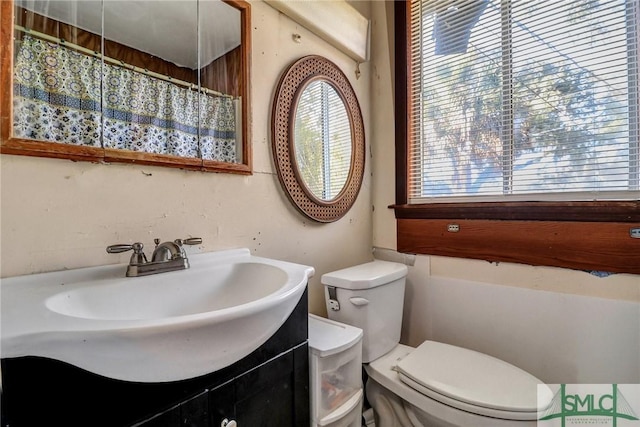 full bathroom featuring curtained shower, toilet, and vanity
