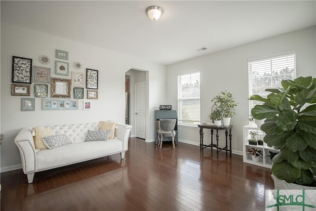 sitting room featuring arched walkways, baseboards, wood-type flooring, and a wealth of natural light