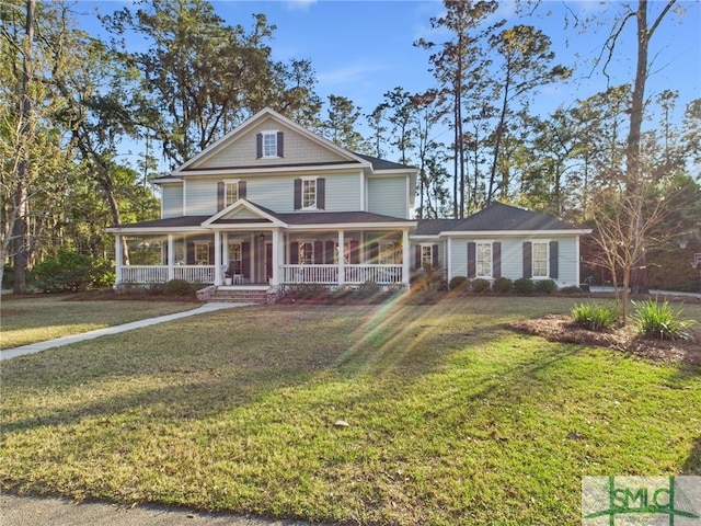 view of front of home with a porch and a front yard