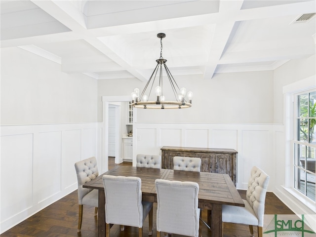 dining area featuring a wainscoted wall, visible vents, coffered ceiling, an inviting chandelier, and beamed ceiling