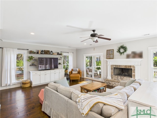 living room with visible vents, plenty of natural light, dark wood-style floors, and crown molding