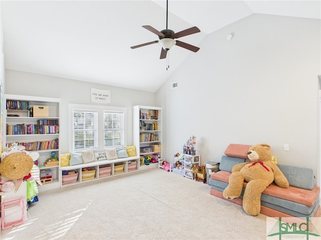 game room featuring visible vents, high vaulted ceiling, carpet flooring, and a ceiling fan