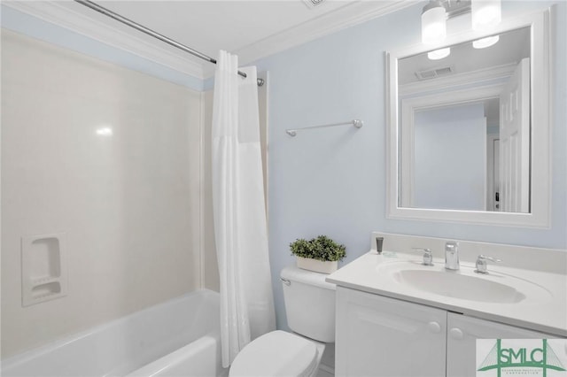 bathroom with visible vents, toilet, shower / tub combo, crown molding, and vanity