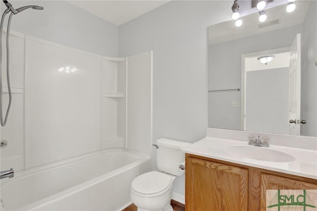 full bath featuring visible vents, vanity, toilet, and shower / bathing tub combination