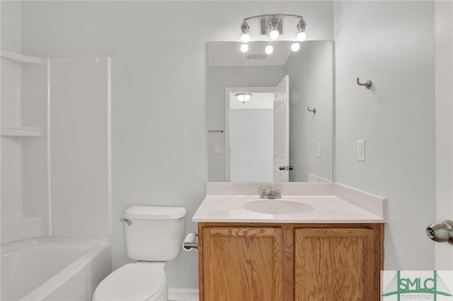 full bath with shower / bath combination, visible vents, toilet, and vanity