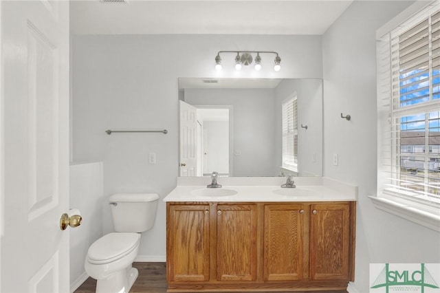 bathroom featuring a sink, toilet, wood finished floors, and double vanity