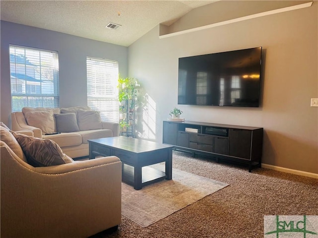 270 Lancaster Way, Richmond Hill, GA 31324 - carpeted living room with visible vents, lofted ceiling, a textured ceiling, and baseboards