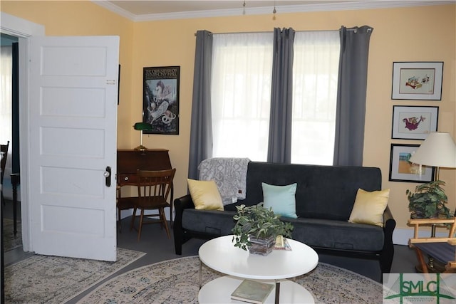 living room with a healthy amount of sunlight and crown molding