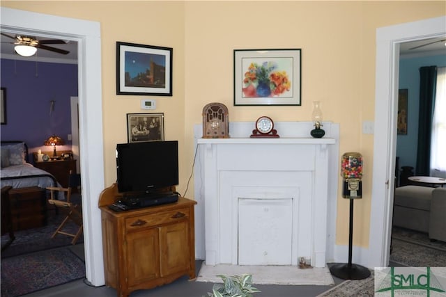 living area with ceiling fan