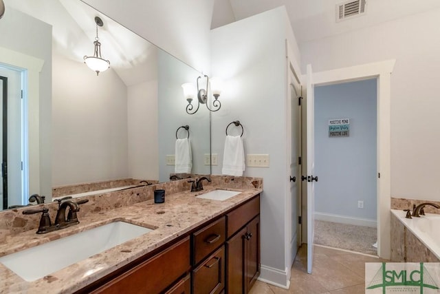 full bath with a sink, visible vents, double vanity, and tile patterned flooring