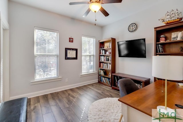 office with ceiling fan, wood finished floors, and baseboards