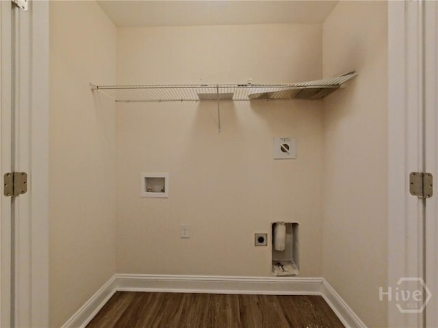 180 Kepler Loop, Richmond Hill, GA 31324 - laundry area featuring electric dryer hookup, dark wood finished floors, washer hookup, and baseboards