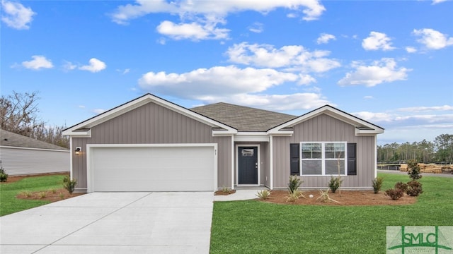 ranch-style house with a front yard, concrete driveway, and a garage