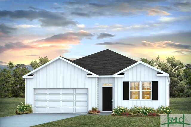 modern farmhouse style home featuring board and batten siding, a shingled roof, a lawn, a garage, and driveway