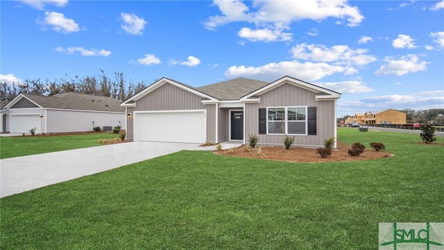 ranch-style house featuring a front lawn, concrete driveway, and an attached garage